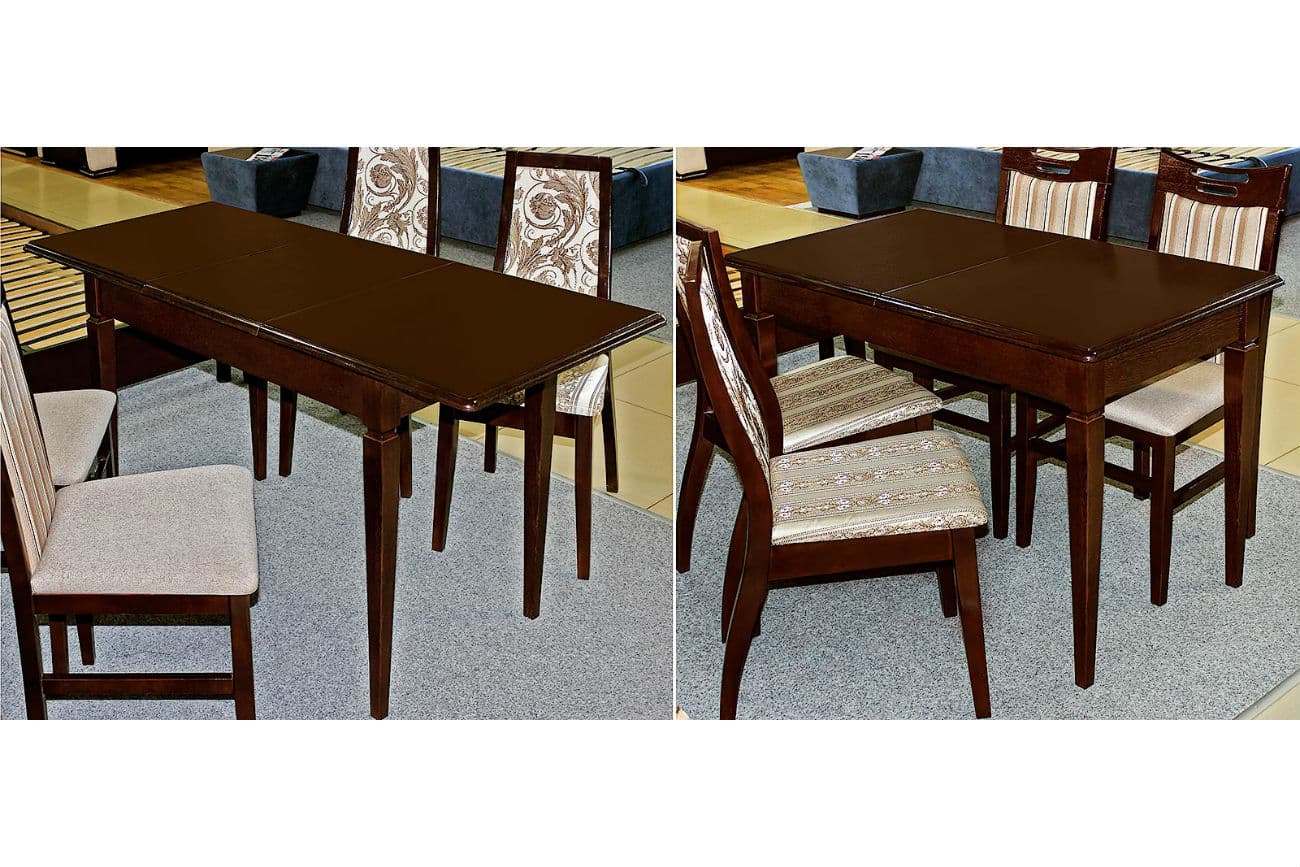 Ausziehbarer Tisch «Klassik» und Holzstühle mit Rückenpolster «Orion»